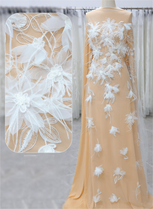 Floral Lace Fabric with Feather and Embroidery Detailing for Bridal Gowns and Couture Dresses