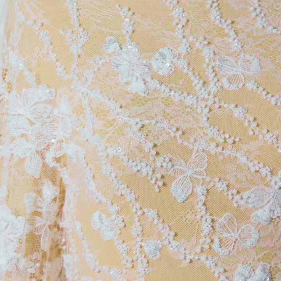 Elegant White Sequin and Beaded Floral Lace Fabric for Bridal Gowns and Couture Dresses