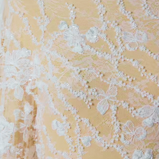 Elegant White Sequin and Beaded Floral Lace Fabric for Bridal Gowns and Couture Dresses