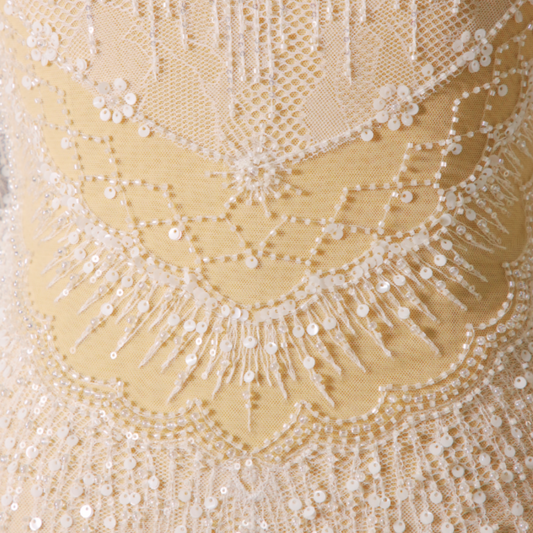 Luxury Sequin and Beaded Chantilly Lace Fabric with 3D Floral Design for Bridal and Evening Wear