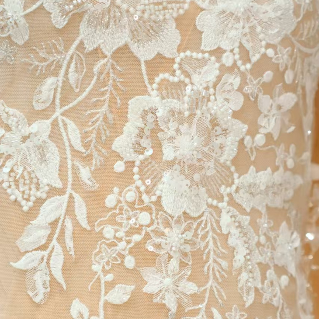 Elegant Floral Beaded Embroidery Lace Fabric for Bridal Gowns and Couture Dresses