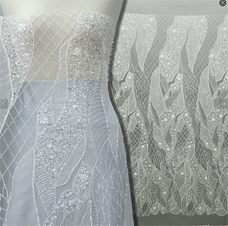 High-End Sequined and Beaded Lace Fabric with Floral Embroidery for Bridal and Couture Wear