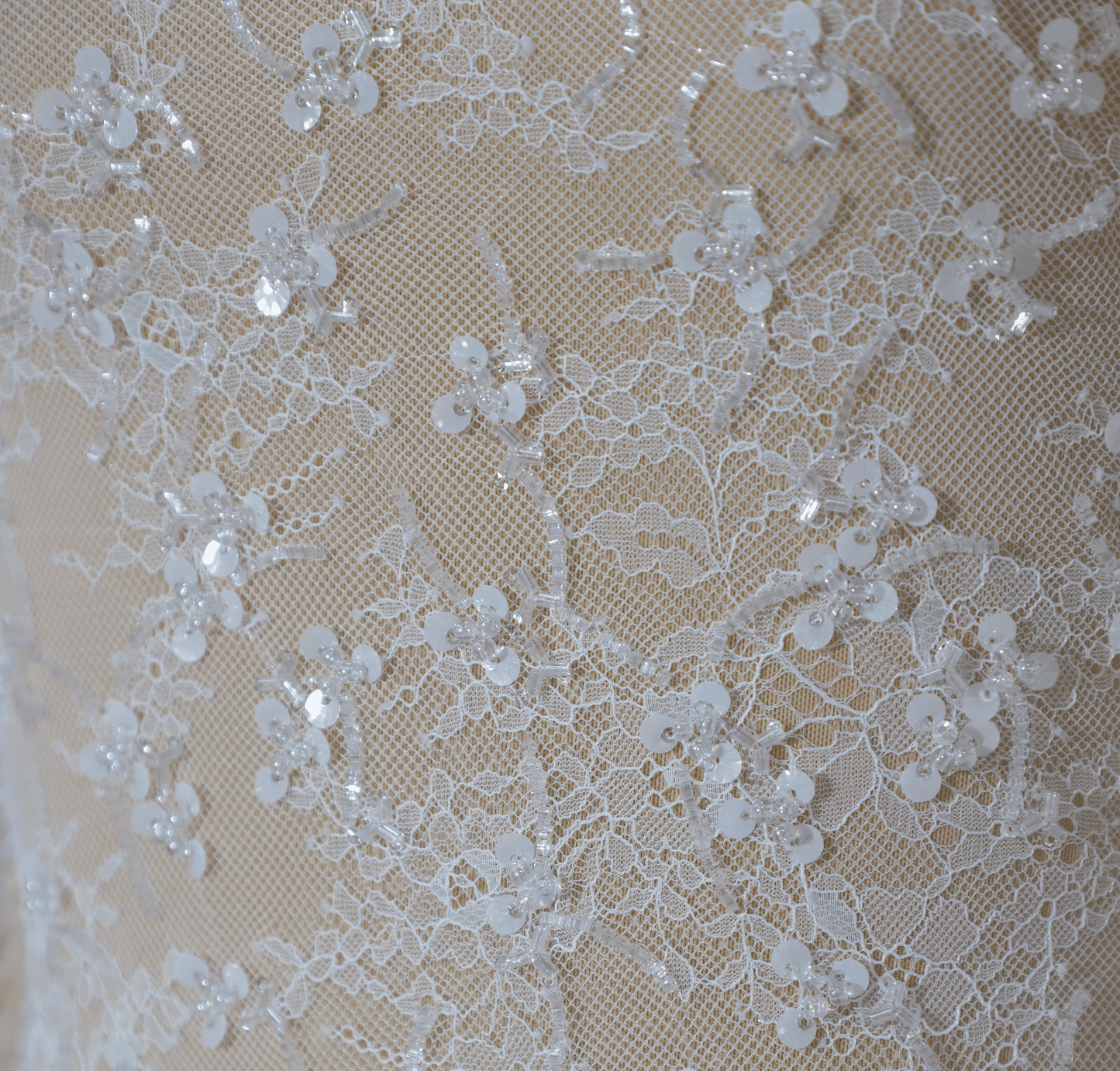 Customized White Beaded Lace Embroidery Chantilly French Dantel Lace Fabric with Transparent Sequins and clear beads