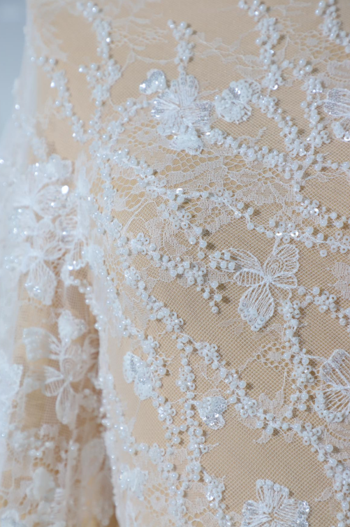 Elegant White Sequin and Beaded Floral Lace Fabric for Bridal Gowns and Couture Dresses