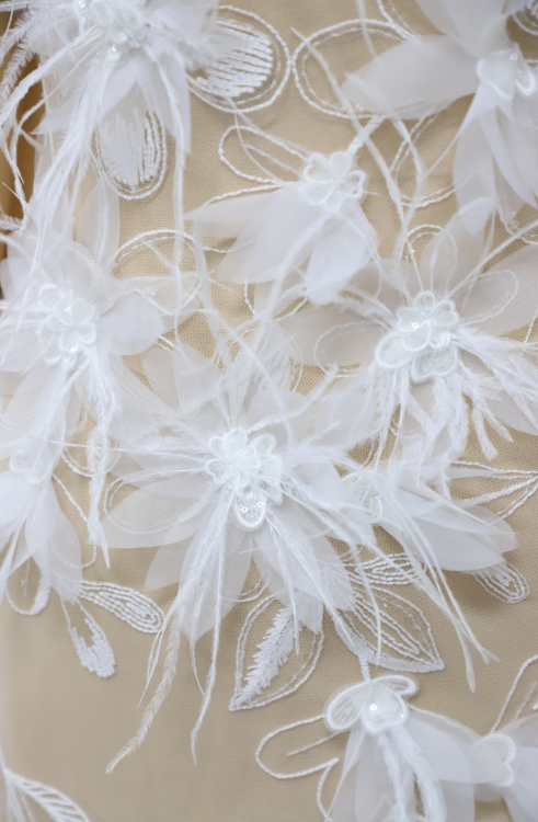 Floral Lace Fabric with Feather and Embroidery Detailing for Bridal Gowns and Couture Dresses