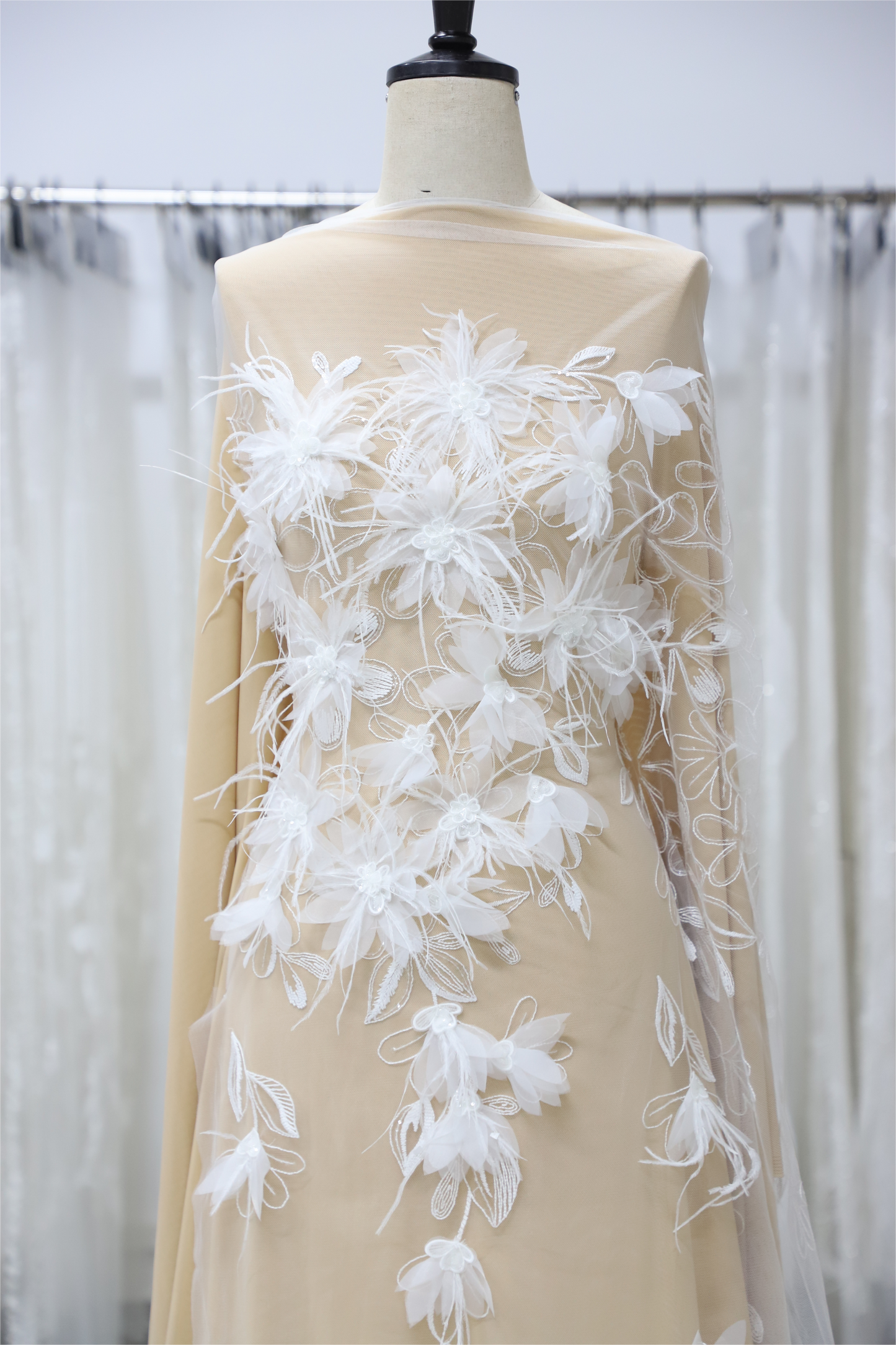 Floral Lace Fabric with Feather and Embroidery Detailing for Bridal Gowns and Couture Dresses