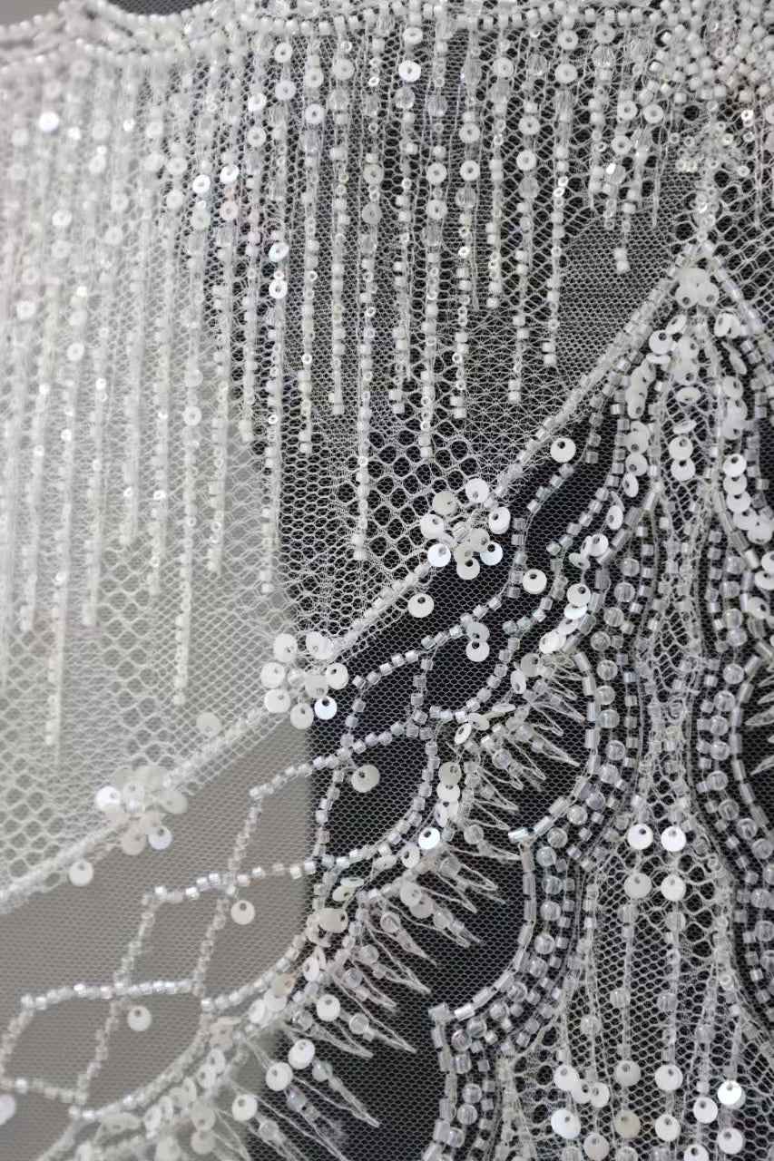 Luxury Sequin and Beaded Chantilly Lace Fabric with 3D Floral Design for Bridal and Evening Wear