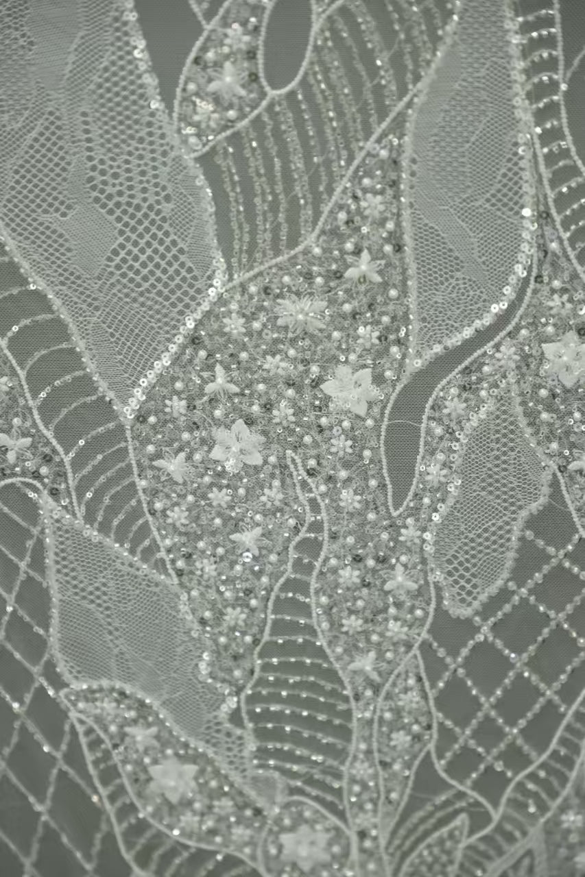 High-End Sequined and Beaded Lace Fabric with Floral Embroidery for Bridal and Couture Wear