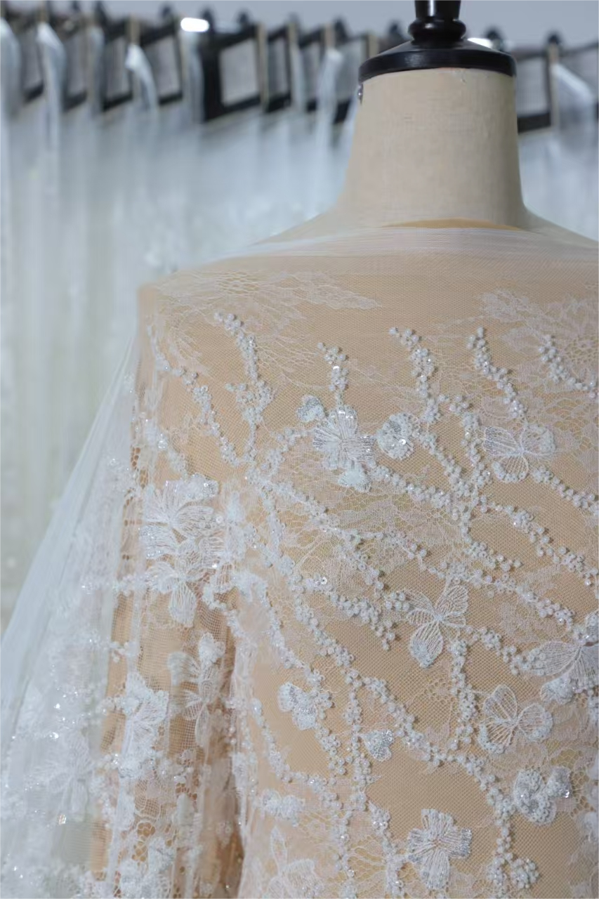 Elegant White Sequin and Beaded Floral Lace Fabric for Bridal Gowns and Couture Dresses