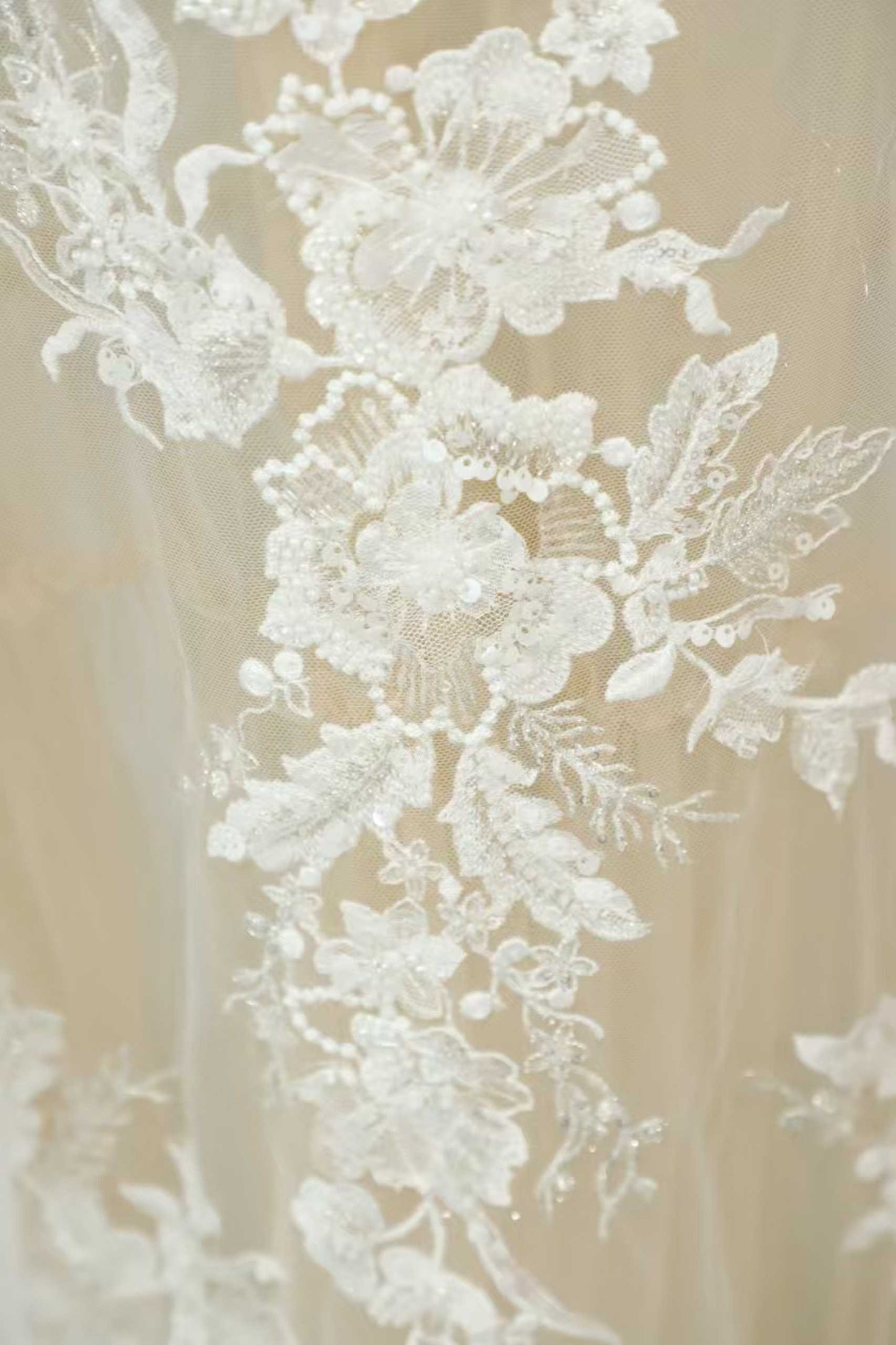 Elegant Floral Beaded Embroidery Lace Fabric for Bridal Gowns and Couture Dresses