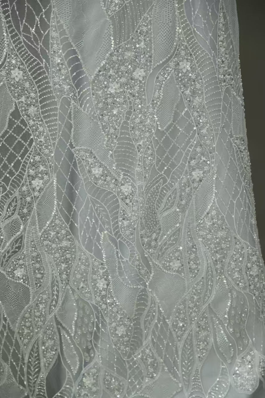 High-End Sequined and Beaded Lace Fabric with Floral Embroidery for Bridal and Couture Wear